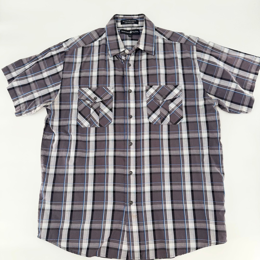 BEVERLY HILLS POLO CLUB Men Grey Plaid Short Sleeve Button Down Shirt Large